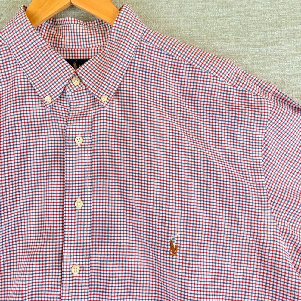 Ralph Lauren Classic Fit Button Down Men 2XLT Tall Red Blue Plaid EUC Flesh Pony